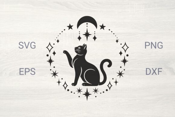 Cat with Decorative Moon and Stars Graphics