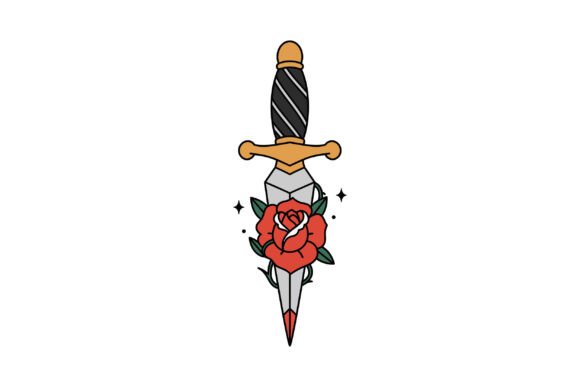 Decorative Dagger with Black Handle and Graphics