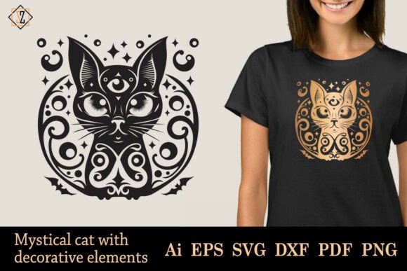 Mystical Cat with Decorative Elements